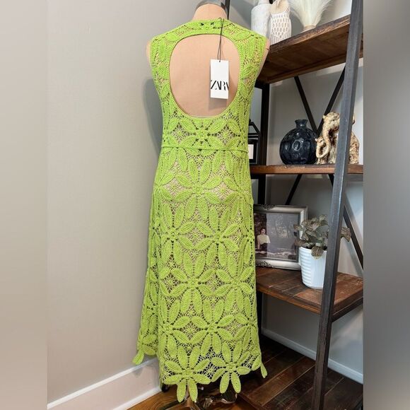 ZARA NWT lime green knit macrame crochet knee midi lined summer dress SIZE M - Picture 4 of 15